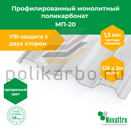 Профилированный поликарбонат Novattro МП-20 1,15х2,0 м